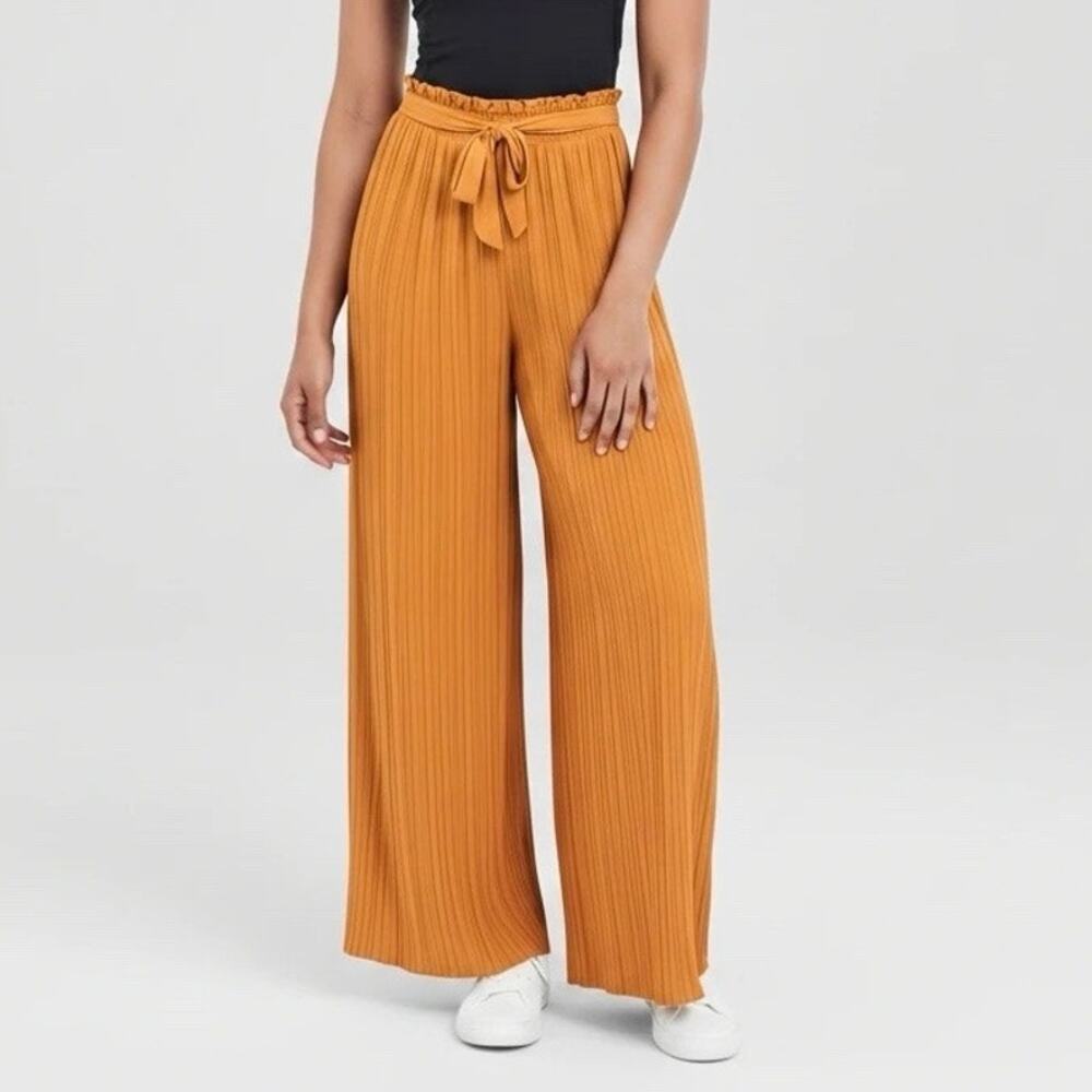 Women’s Pleated Wide-Leg Pants Rust/Camel Tied Waist Palazzo Trousers Fits S/M